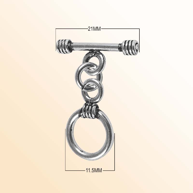 Polished Silver Overlay toggle closure with coil accents, handcrafted in India for bracelets and necklaces.