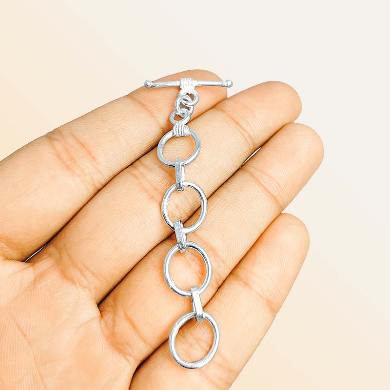 Polished Silver Overlay chain toggle closure with oval links, handcrafted in India for adjustable bracelets and necklaces.