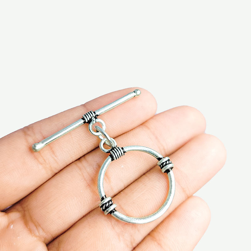 Polished Silver Overlay toggle closure with decorative wire accents, handcrafted in India for bracelets and necklaces.