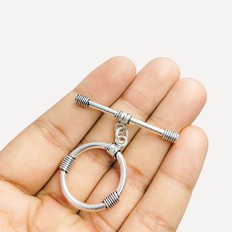 Polished Silver Overlay toggle closure with decorative wire accents, handcrafted in India for bracelets, necklaces, and DIY jewelry.