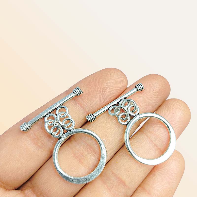 Elegant Silver Overlay round toggle clasp with swirl-accented design, perfect for necklaces and bracelets, handcrafted in India.