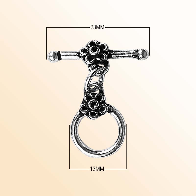 Elegant Silver Overlay floral toggle clasp with round loop and detailed flower design, perfect for necklaces and bracelets, handcrafted in India.