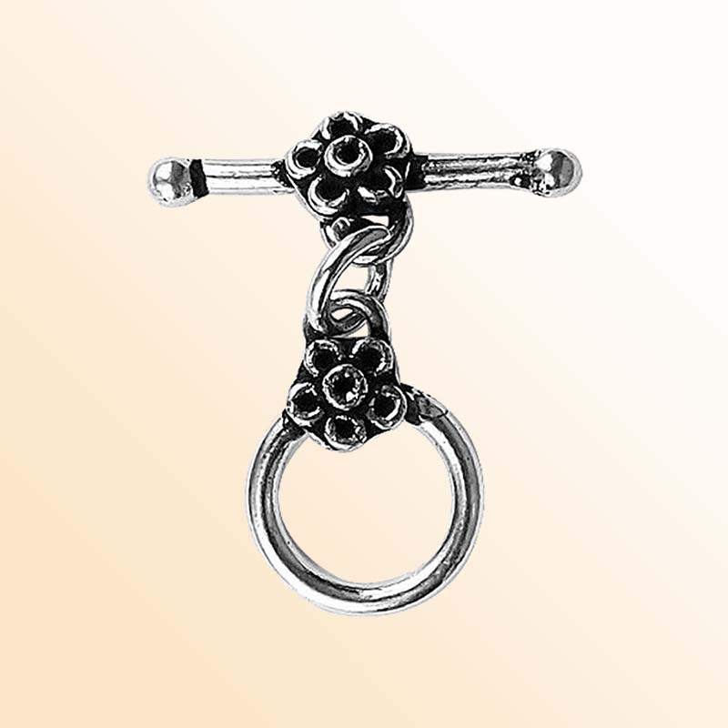 Elegant Silver Overlay floral toggle clasp with round loop and detailed flower design, perfect for necklaces and bracelets, handcrafted in India.