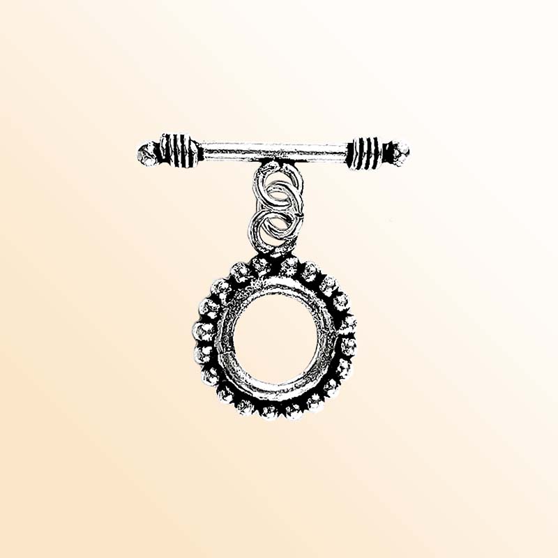 Elegant Silver Overlay beaded toggle clasp with round loop and decorative edge, perfect for necklaces and bracelets, handcrafted in India.