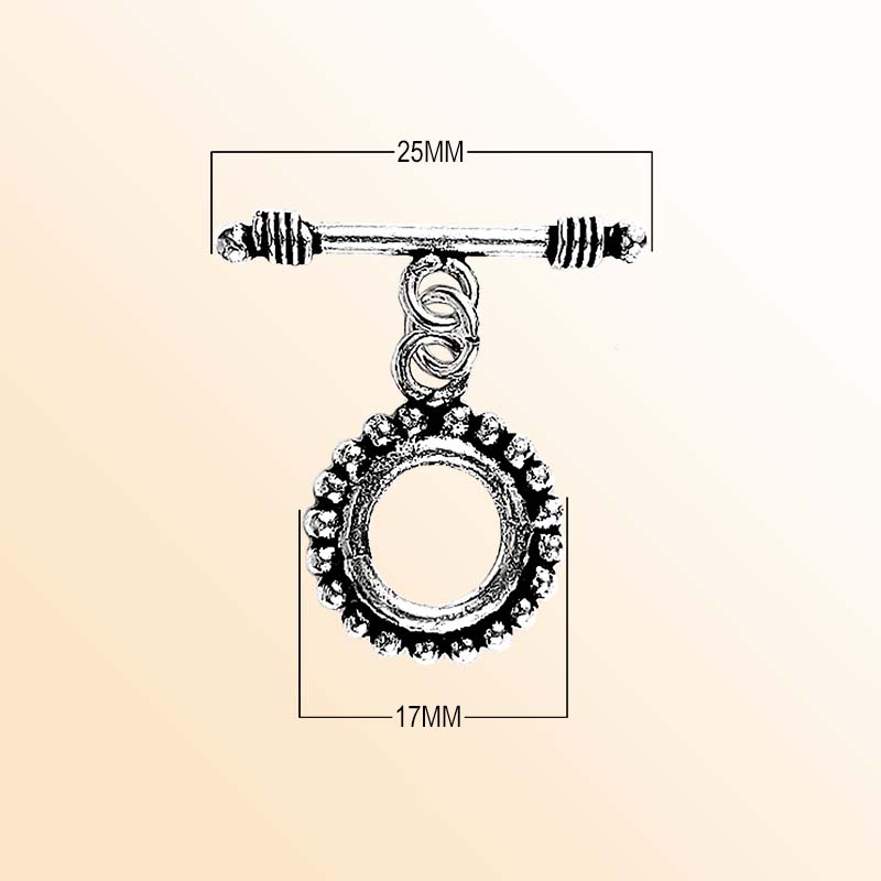 Elegant Silver Overlay beaded toggle clasp with round loop and decorative edge, perfect for necklaces and bracelets, handcrafted in India.
