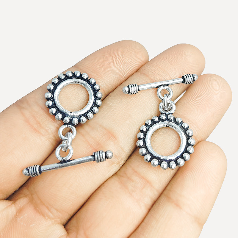 Elegant Silver Overlay beaded toggle clasp with round loop and decorative edge, perfect for necklaces and bracelets, handcrafted in India.