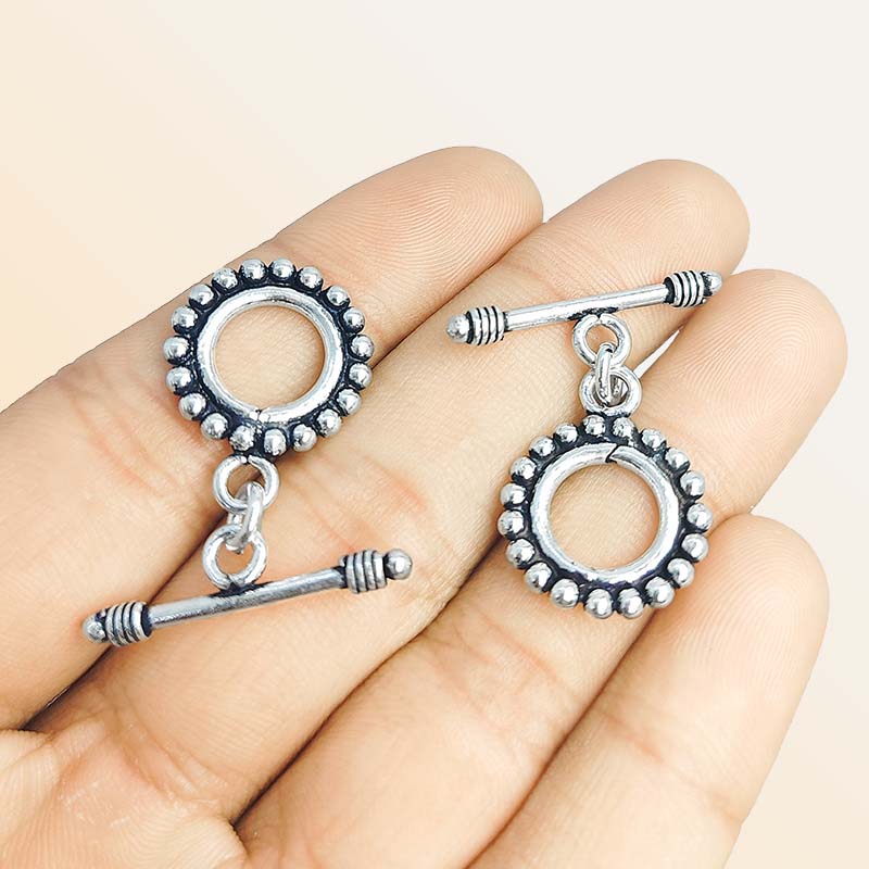 Elegant Silver Overlay beaded toggle clasp with round loop and decorative edge, perfect for necklaces and bracelets, handcrafted in India.