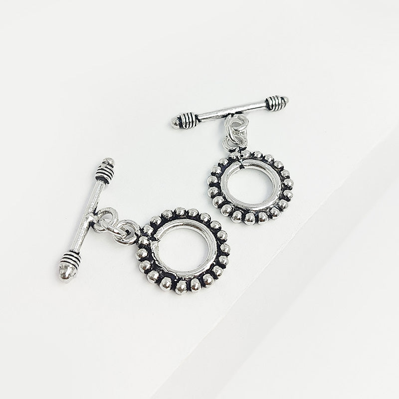 Elegant Silver Overlay beaded toggle clasp with round loop and decorative edge, perfect for necklaces and bracelets, handcrafted in India.