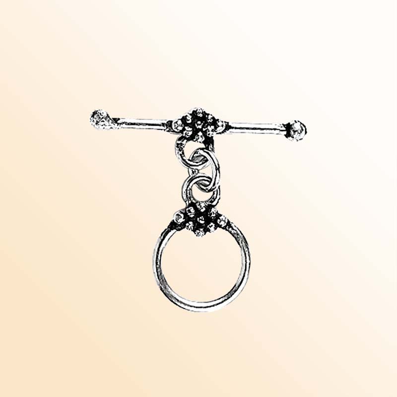 Elegant Silver Overlay decorative toggle clasp with round loop and polished bar design, perfect for necklaces and bracelets, handcrafted in India.
