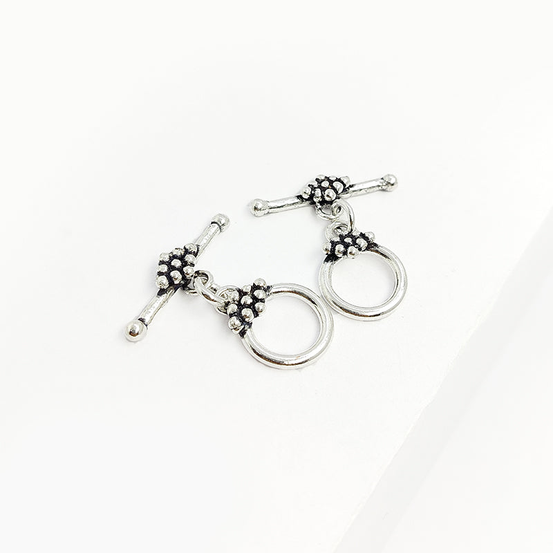 Elegant Silver Overlay decorative toggle clasp with round loop and polished bar design, perfect for necklaces and bracelets, handcrafted in India.