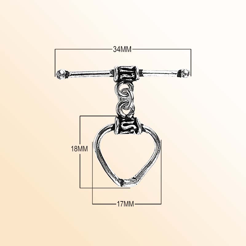 Elegant Silver Overlay heart toggle clasp with polished heart-shaped loop and bar design, perfect for necklaces and bracelets, handcrafted in India.