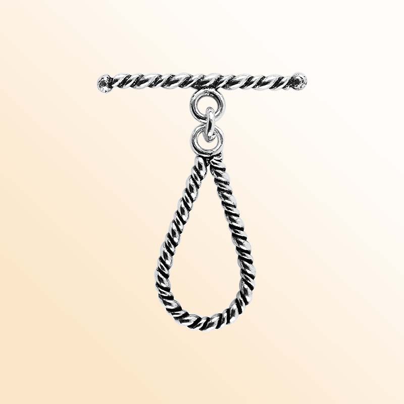 Elegant Silver Overlay teardrop rope toggle clasp with twisted loop and polished bar design, perfect for necklaces and bracelets, handcrafted in India.