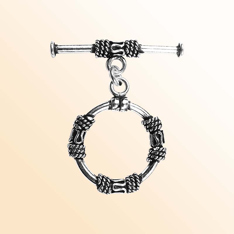 Elegant Silver Overlay ornate circular toggle clasp with rope-wrapped loop and polished bar design, perfect for necklaces and bracelets, handcrafted in India.