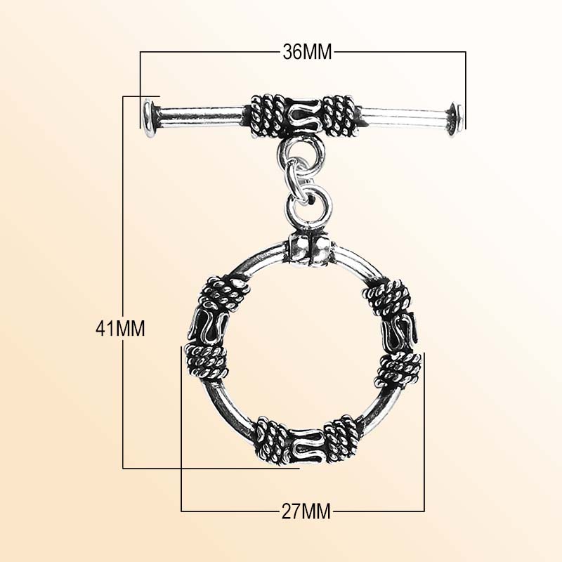 Elegant Silver Overlay ornate circular toggle clasp with rope-wrapped loop and polished bar design, perfect for necklaces and bracelets, handcrafted in India.