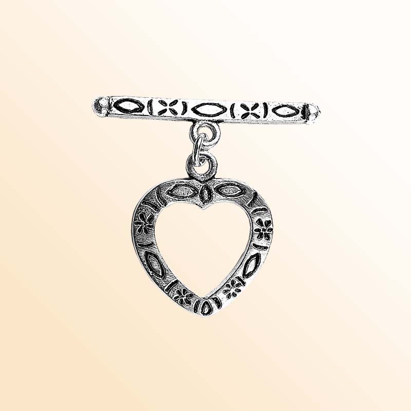 Elegant Silver Overlay floral heart toggle clasp with engraved heart-shaped loop and polished bar design, perfect for necklaces and bracelets, handcrafted in India.