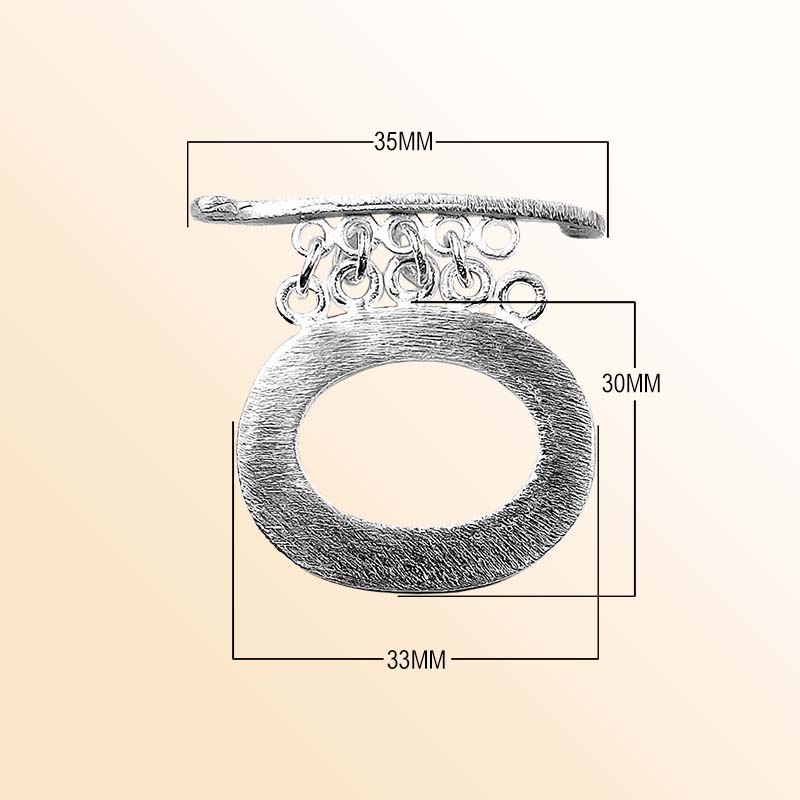Elegant Silver Overlay oval toggle clasp with brushed finish, oval loop, and multi-ring connectors, perfect for necklaces and bracelets, handcrafted in India.