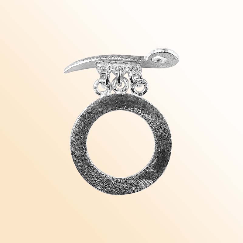 Elegant Silver Overlay round toggle clasp with brushed finish, round loop, and multi-ring connectors, perfect for necklaces and bracelets, handcrafted in India.