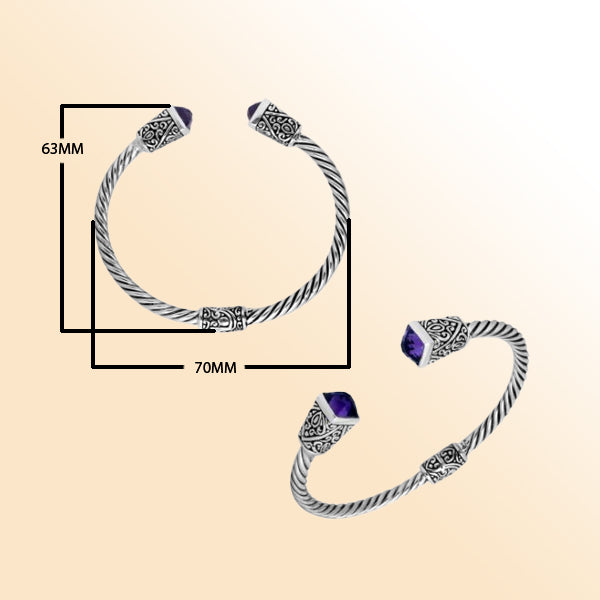 Elegant sterling silver amethyst quartz bangle bracelet, open cuff handcrafted in Bali.