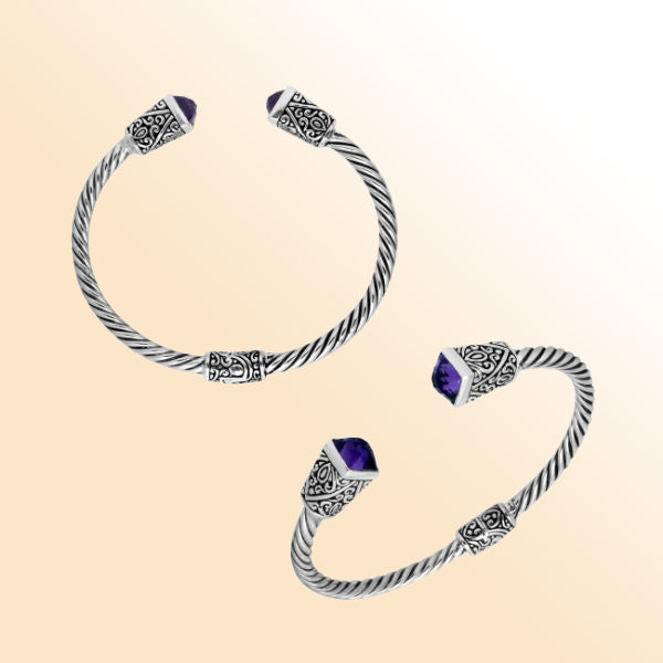 Elegant sterling silver amethyst quartz bangle bracelet, open cuff handcrafted in Bali.