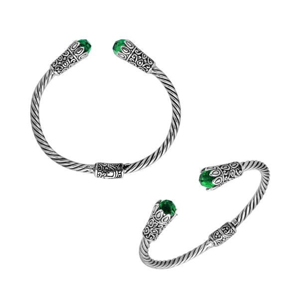 Elegant sterling silver Green Quartz bangle, handcrafted open cuff with Balinese detailing.