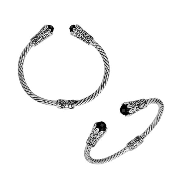 Elegant sterling silver Black Onyx bangle, handcrafted open cuff in Bali.
