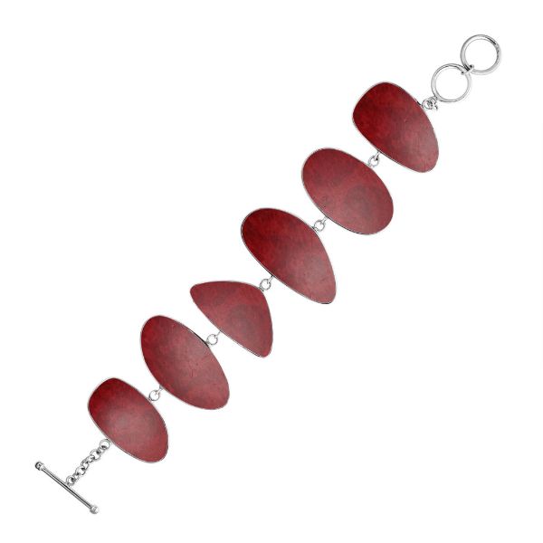 Sterling Silver bracelet with polished Red Coral panels, handcrafted in Bali.