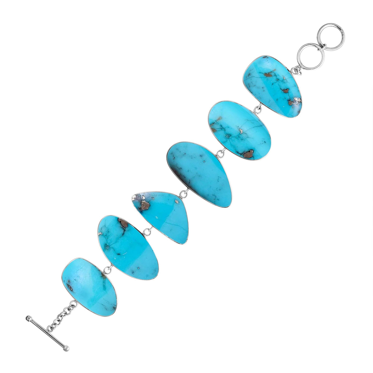 Sterling Silver bracelet with vibrant Turquoise Shell panels, handcrafted in Bali.