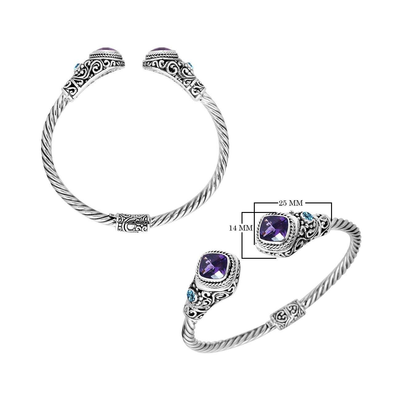 Handcrafted Sterling Silver bangle with Amethyst Quartz and Blue Topaz stones, artisan-made in Bali.