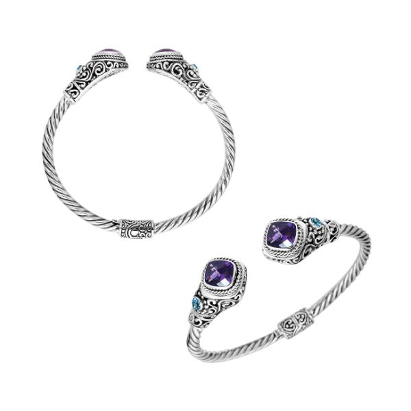 Handcrafted Sterling Silver bangle with Amethyst Quartz and Blue Topaz stones, artisan-made in Bali.
