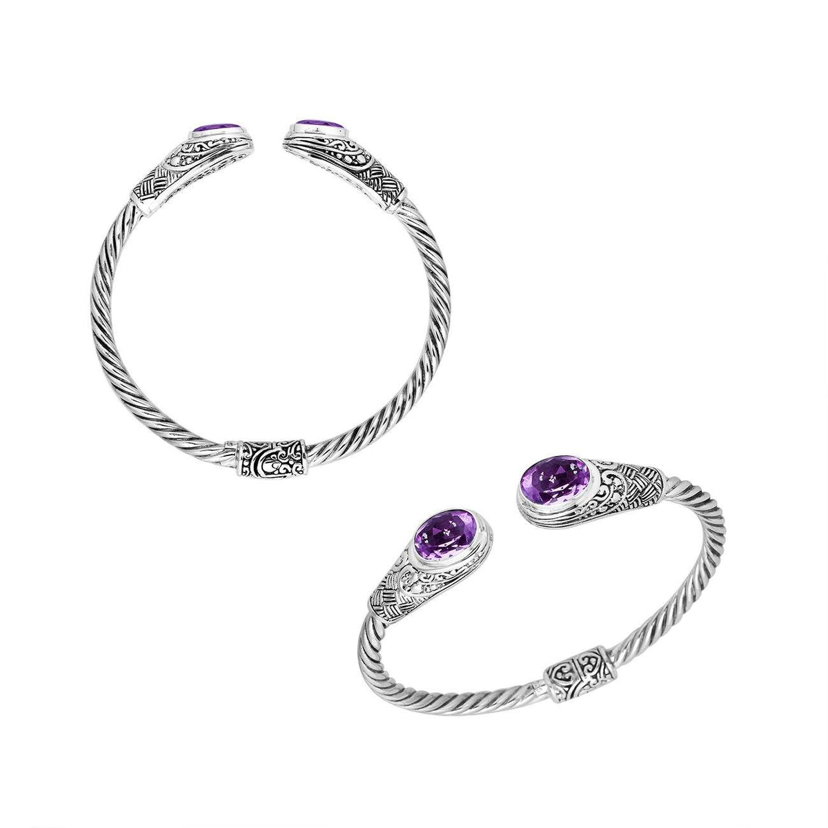 Handcrafted Sterling Silver bangle with Amethyst Quartz stones, artisan-made in Bali.