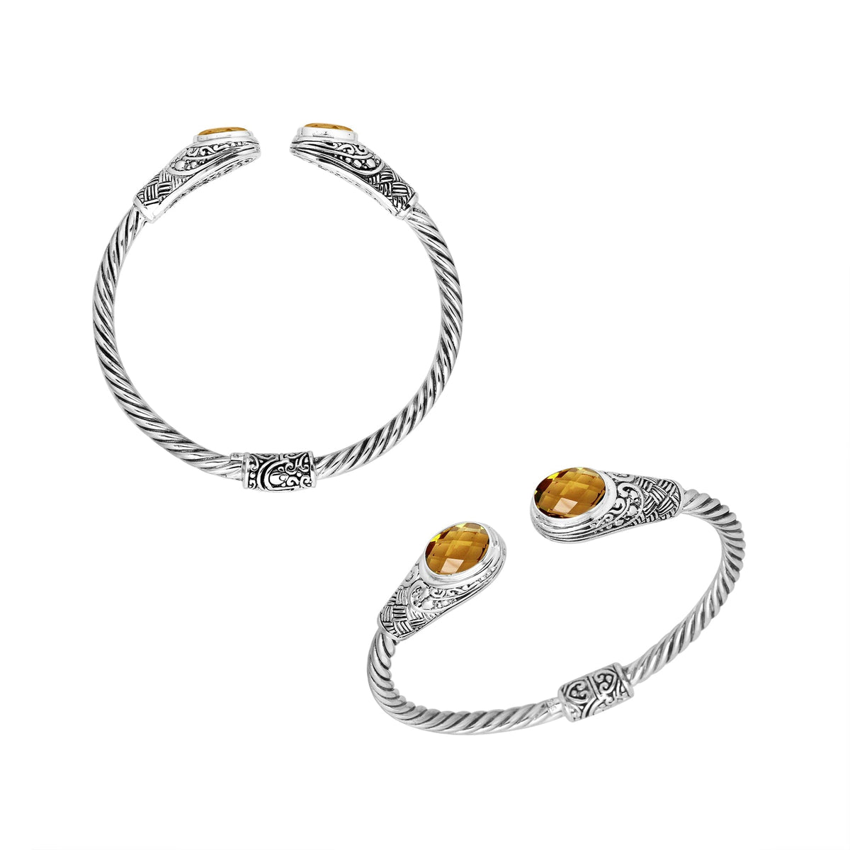 Handcrafted Citrine Quartz Bangle in 925 Sterling Silver with twisted cable and Balinese design