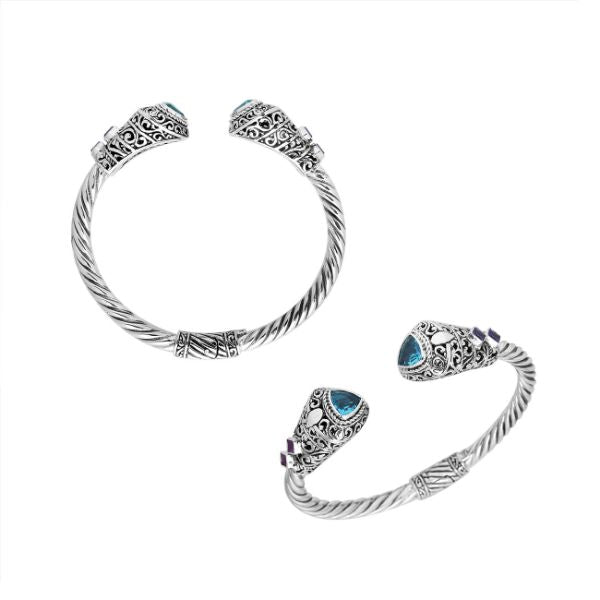 Handcrafted Blue Topaz Quartz and Amethyst Quartz Bangle in 925 Sterling Silver with twisted Balinese cable design