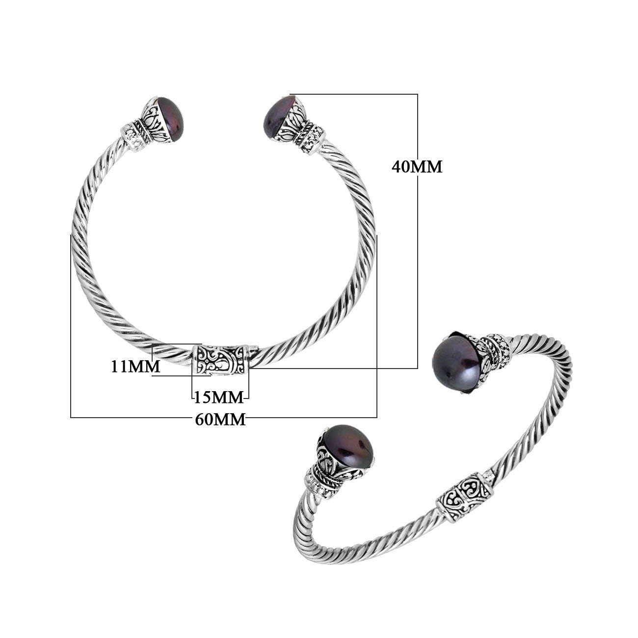 Handcrafted Gray Pearl Bangle in 925 Sterling Silver with twisted Balinese cable design