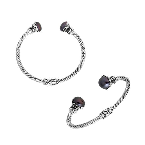 Handcrafted Gray Pearl Bangle in 925 Sterling Silver with twisted Balinese cable design