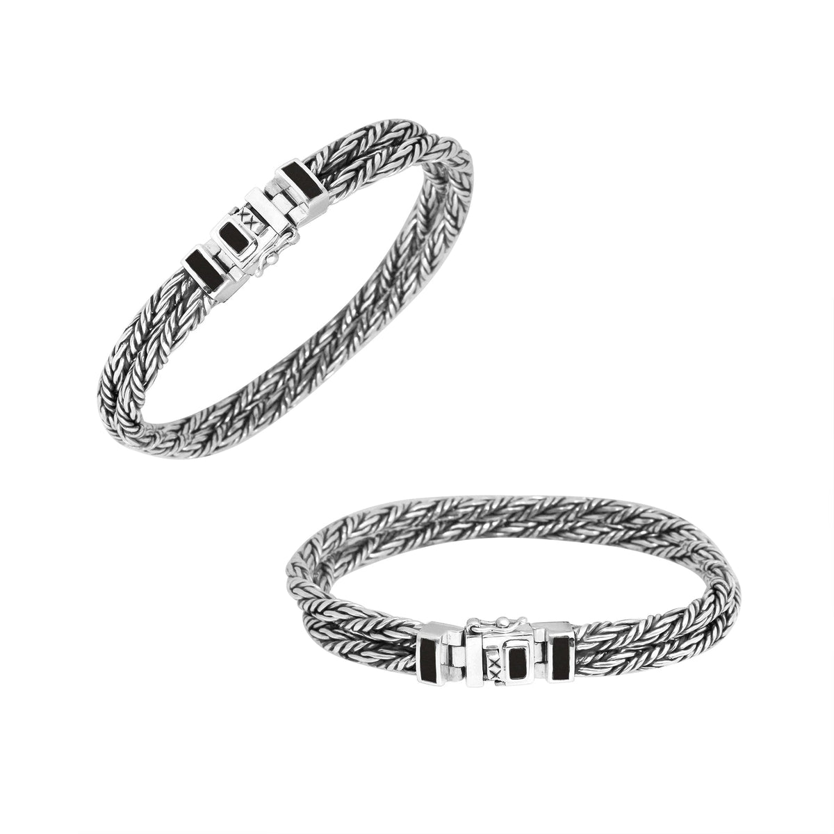 Sterling Silver 5MM Handcrafted Bali Bracelet with Black Shell and Box Clasp