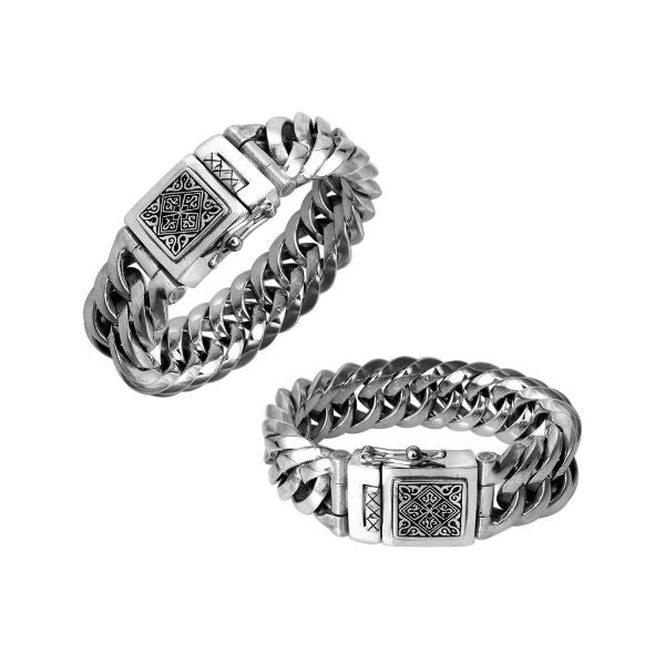 21MM wide sterling silver curb bracelet with engraved box clasp shown in two angles on white background.