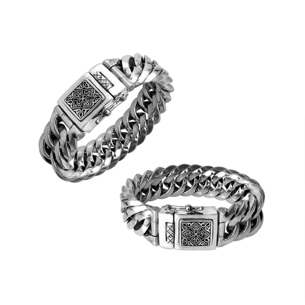 21MM wide sterling silver curb bracelet with engraved box clasp shown in two angles on white background.