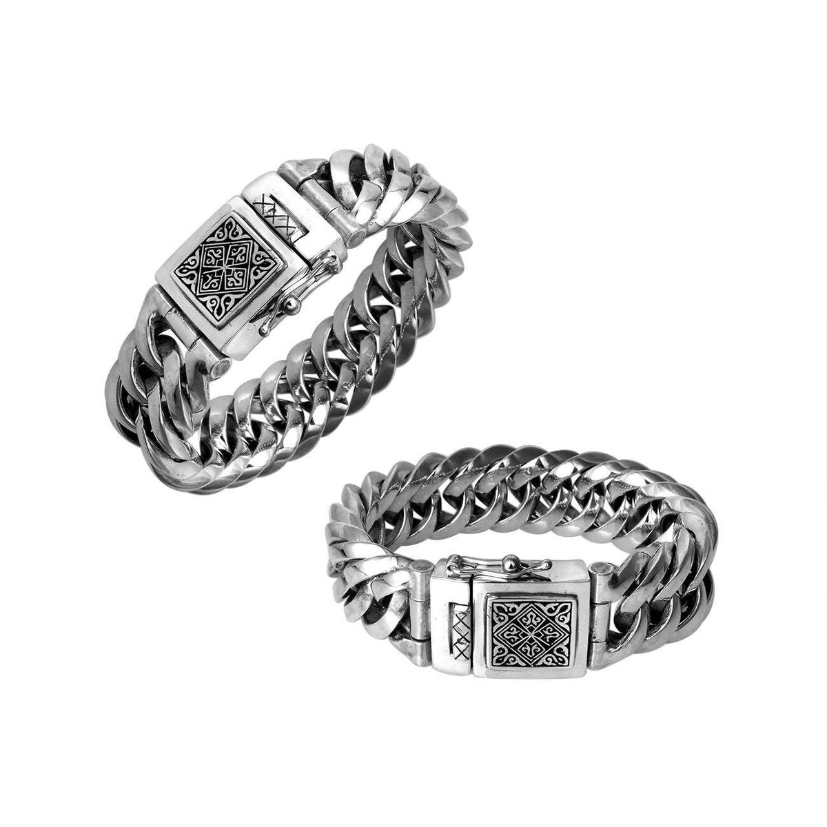 21MM wide sterling silver curb bracelet with engraved box clasp shown in two angles on white background.