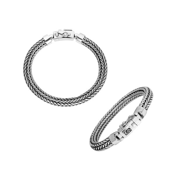 Product photo showing a 7MM 925 sterling silver woven rope bracelet from two angles with a secure latch clasp on a white background.