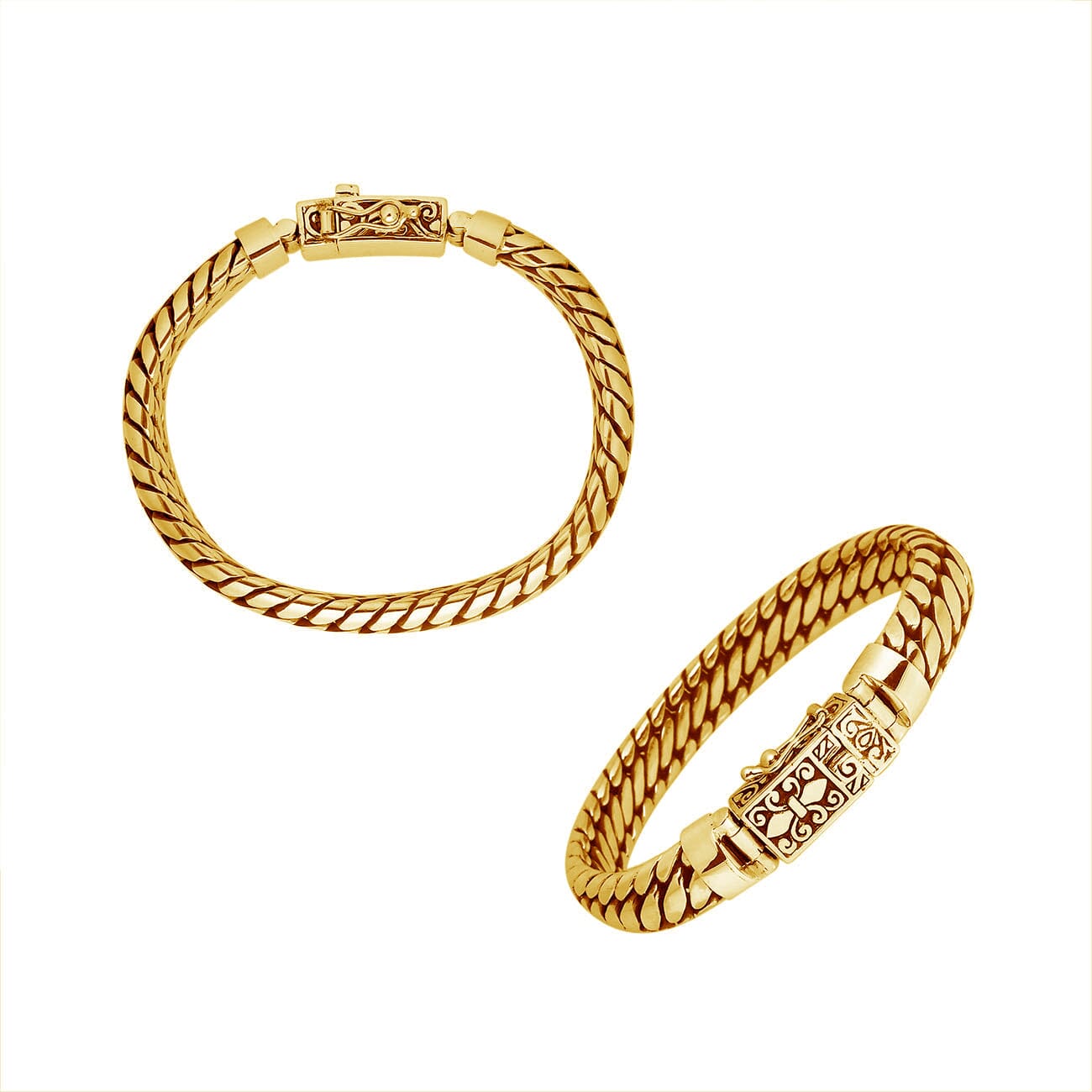 10x5MM gold-plated sterling silver curb bracelet shown from two angles with engraved clasp on a white background.