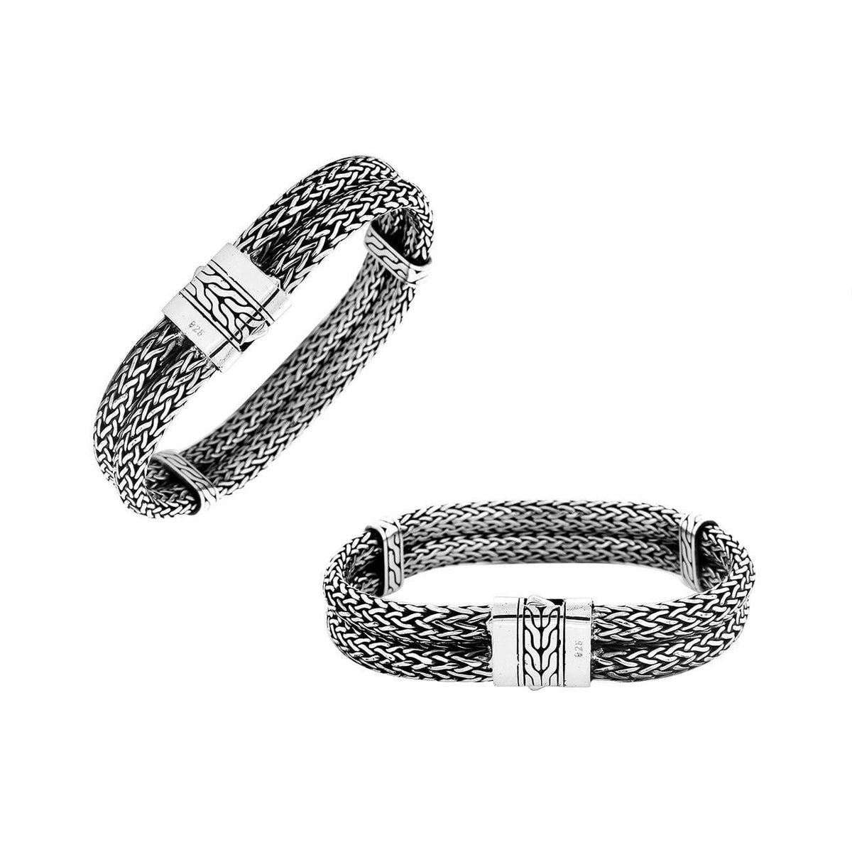 Sterling silver 4x6 mm handcrafted woven mesh Bali bracelet with oxidized detailing and secure clasp.