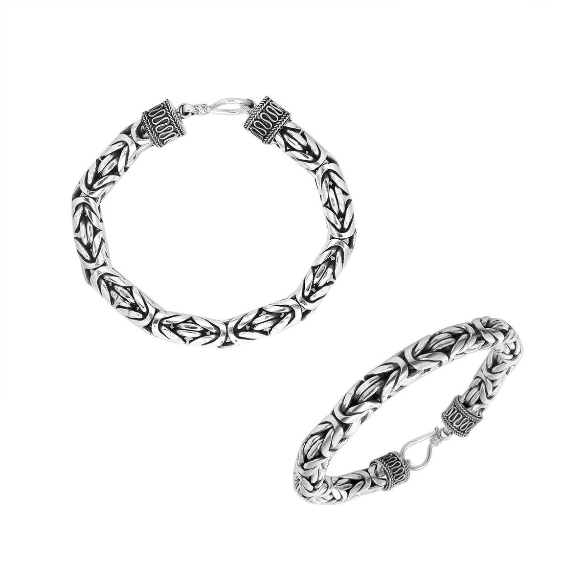 Sterling silver 8 mm handcrafted Bali Byzantine bracelet with oxidized polish and secure hook clasp.