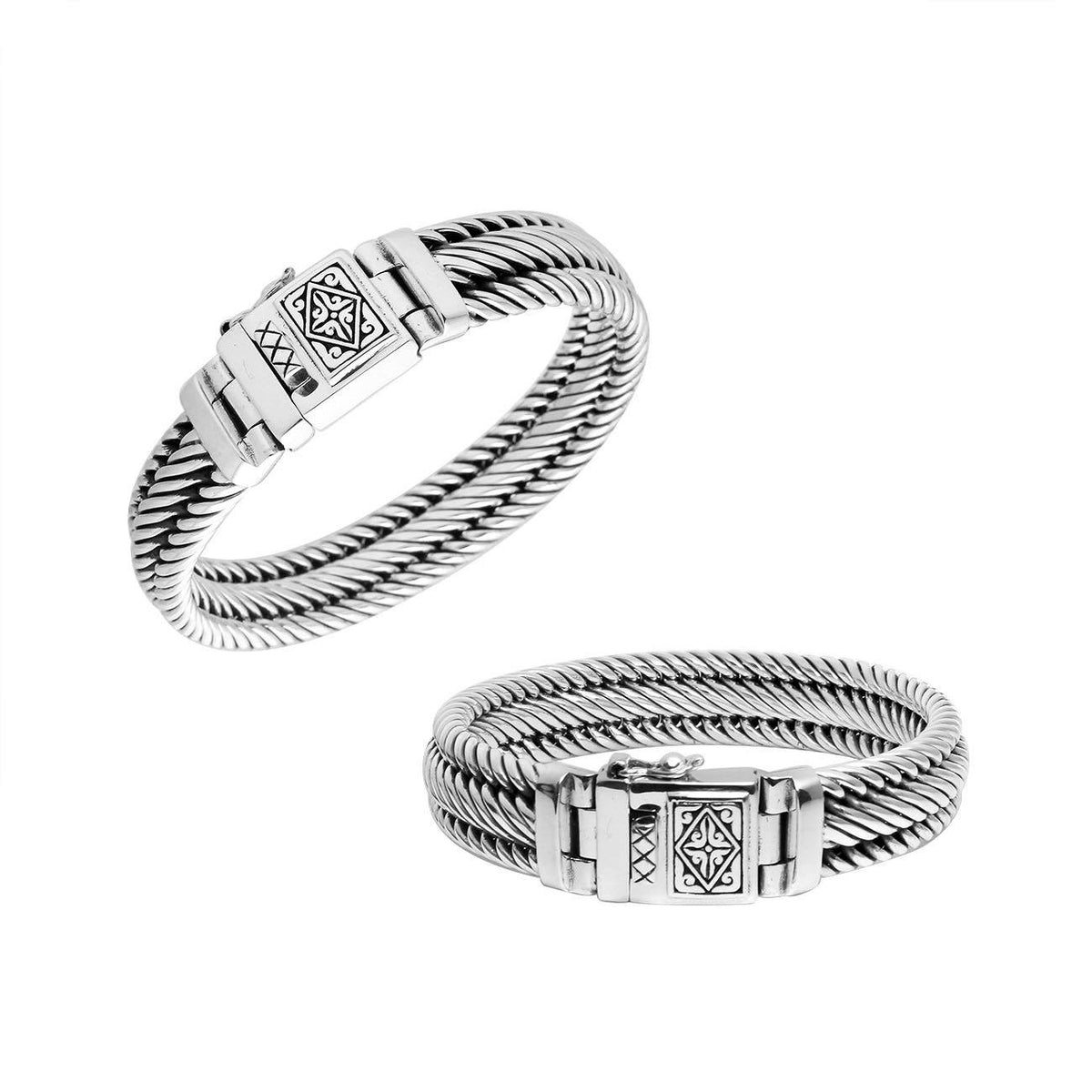 Sterling silver 4x13 mm handcrafted twisted rope Bali bracelet with oxidized polish and engraved clasp.