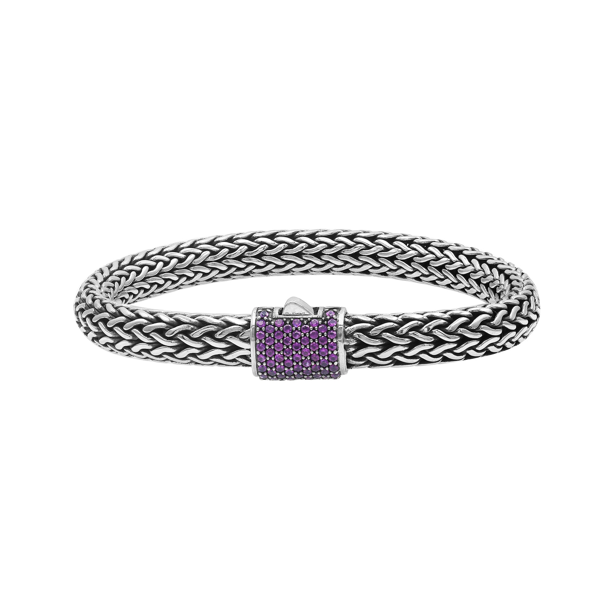 Sterling silver handcrafted Bali bracelet with Amethyst Quartz stone and oxidized finish.