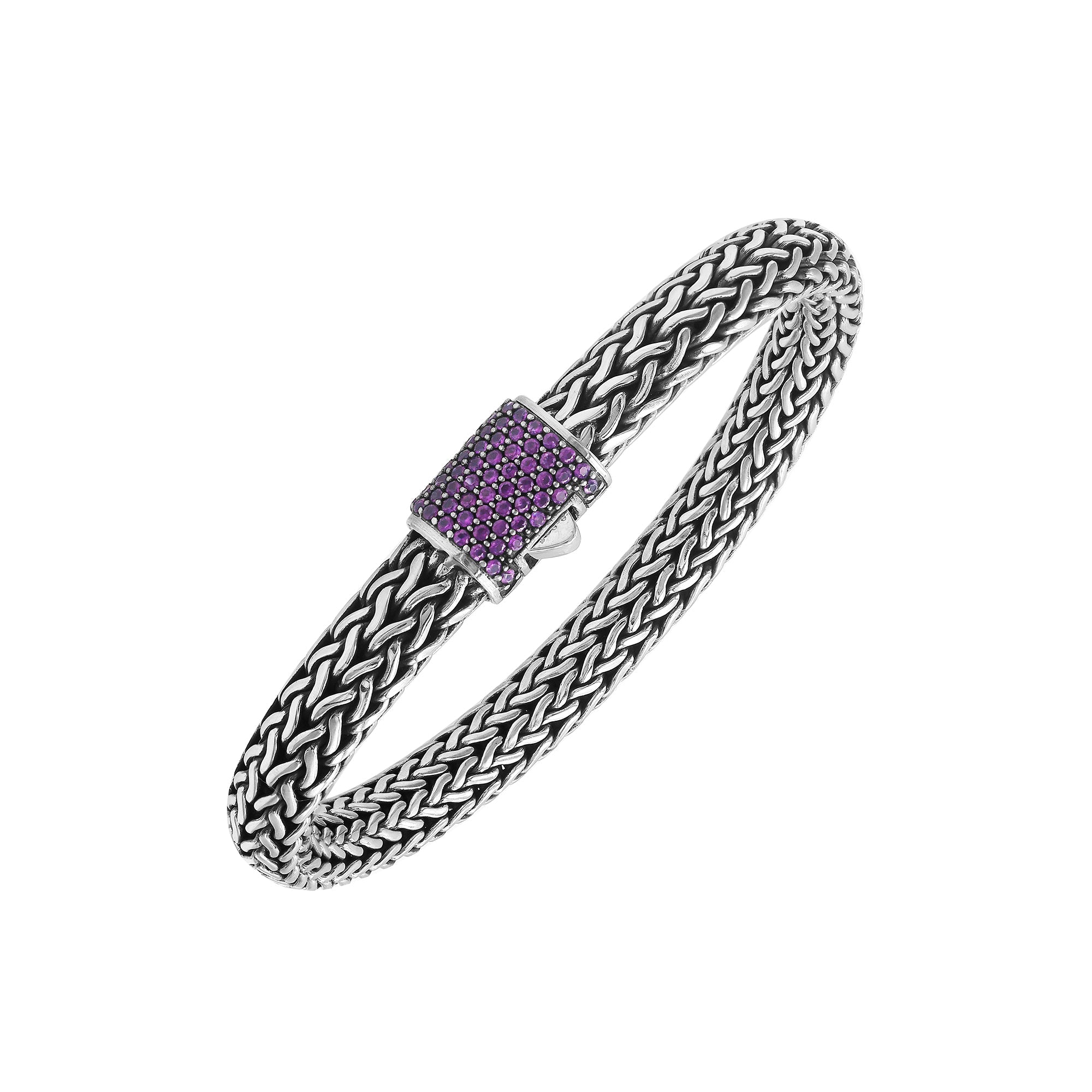 Sterling silver handcrafted Bali bracelet with Amethyst Quartz stone and oxidized finish.