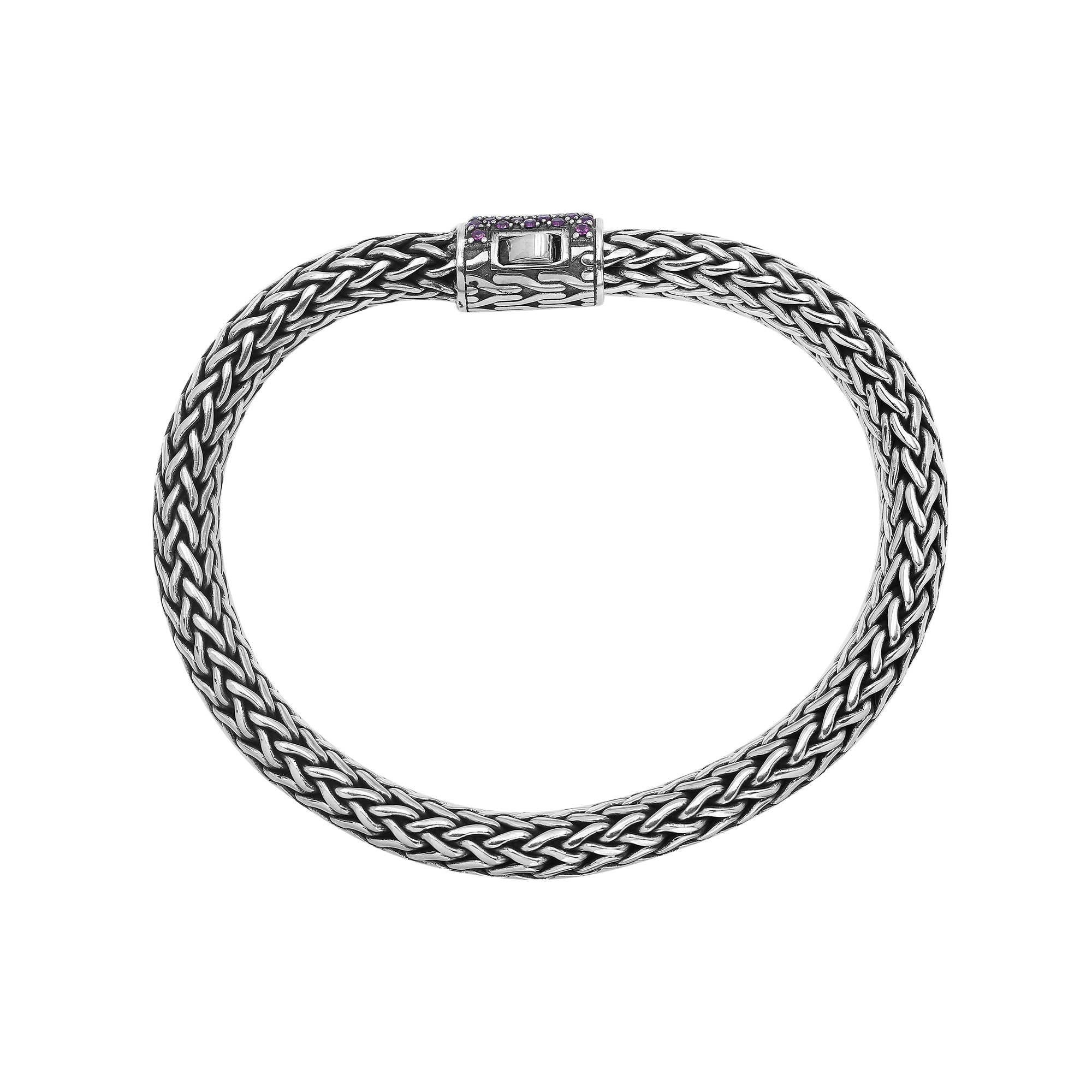Sterling silver handcrafted Bali bracelet with Amethyst Quartz stone and oxidized finish.