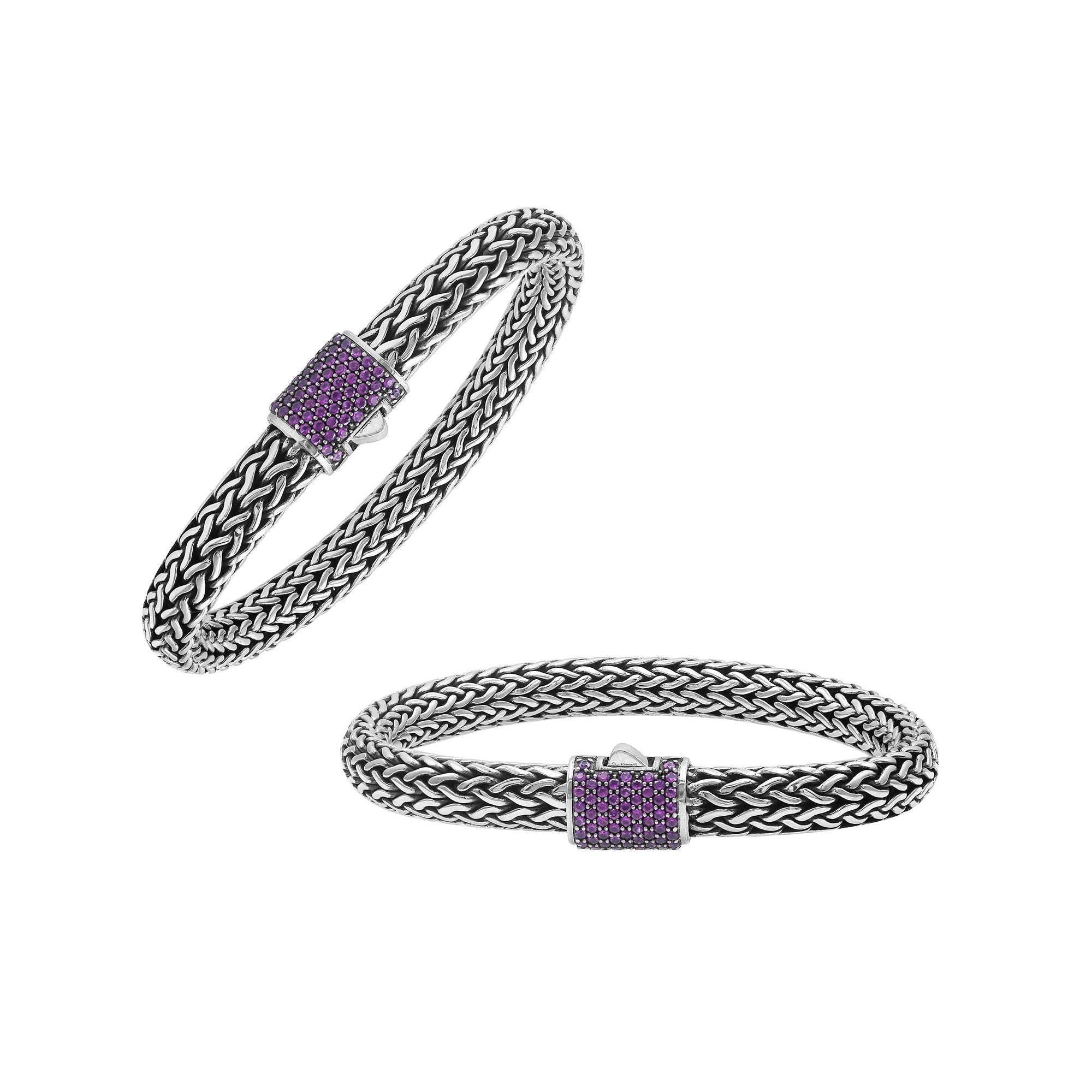 Sterling silver handcrafted Bali bracelet with Amethyst Quartz stone and oxidized finish.