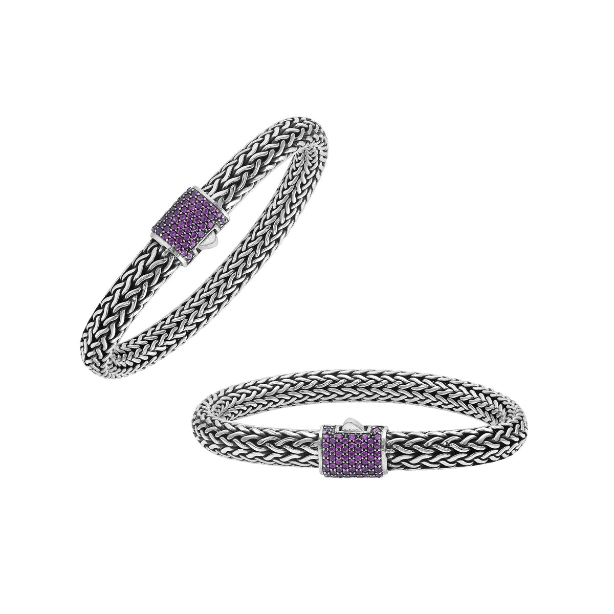 Sterling silver handcrafted Bali bracelet with Amethyst Quartz stone and oxidized finish.