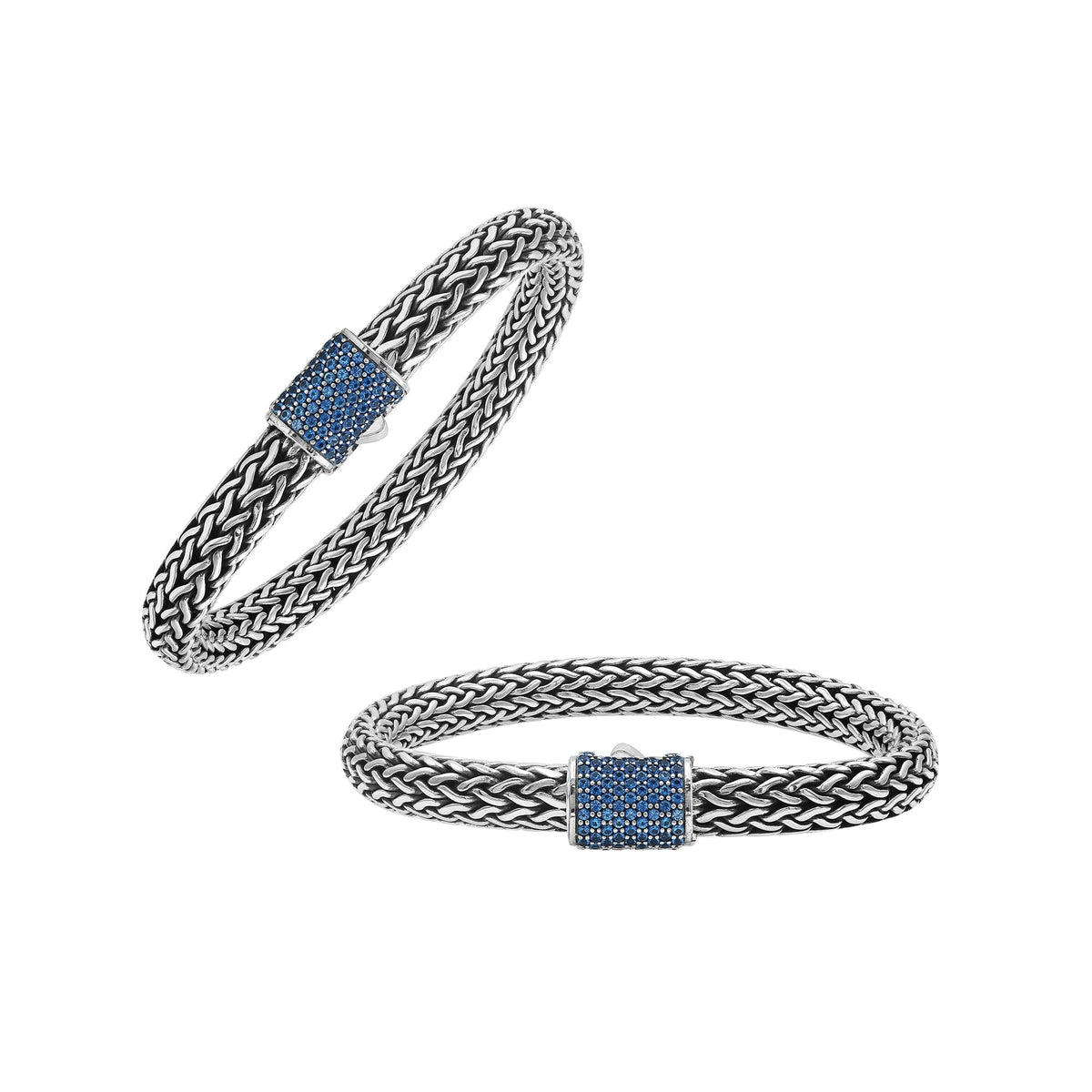 Sterling silver 7x9 mm handcrafted Bali bracelet with Blue Topaz Quartz stone clasp and oxidized polish.