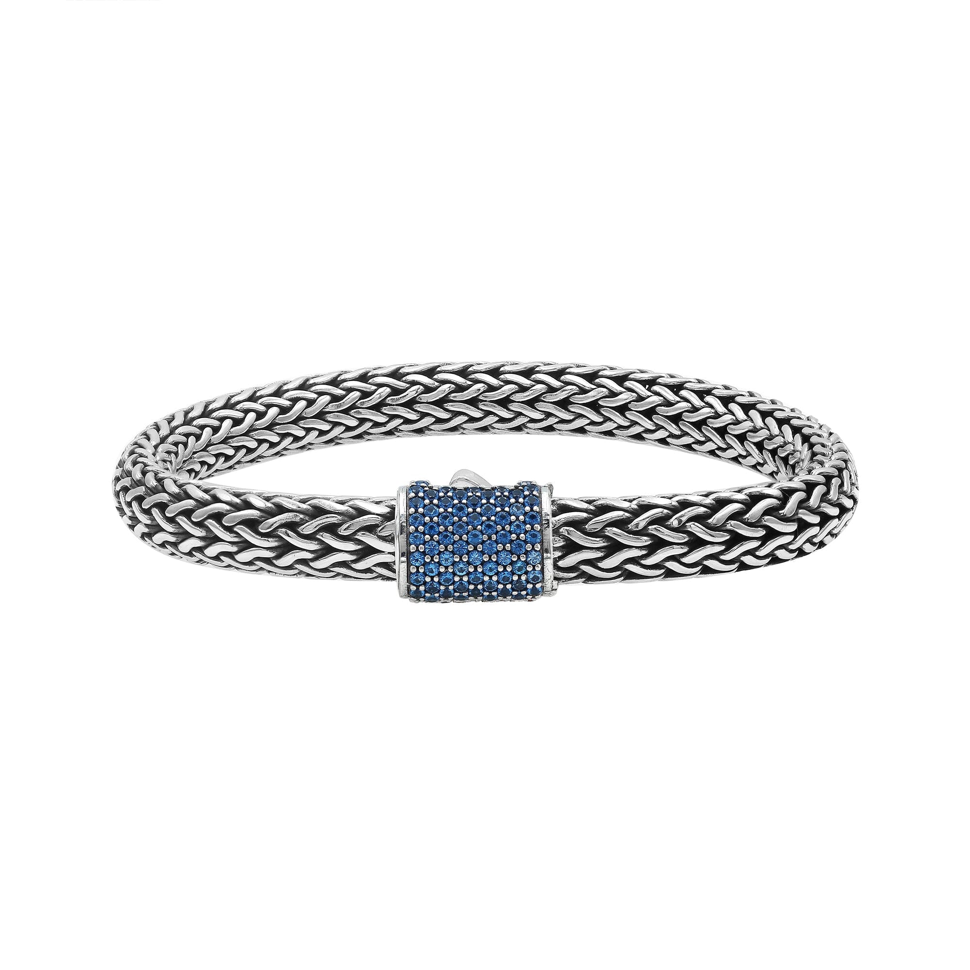 Sterling silver 7x9 mm handcrafted Bali bracelet with Blue Topaz Quartz stone clasp and oxidized polish.